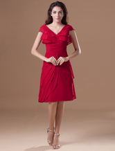 Red Cascading Ruffle V-Neck Chiffon Knee-Length Cocktail Dress