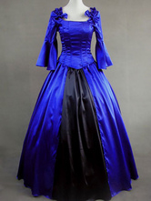 Carnevale Vestito da Lolita blu e nero vittoriano rinascimentale in satin Costume Halloween