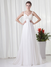Vestito da sposa bianco chiffon bretelle sottili vita alta stile impero strascico 
