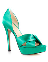 green satin platform heels