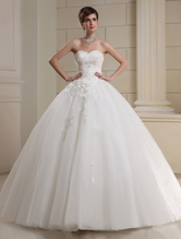 Wedding Dress Strapless Tulle Bridal Gown Flowers Beading Pleated Sweetheart Neckline Floor Length Wedding Gown