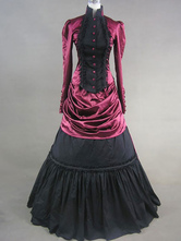 Victorian Dress Costume Burgundy Satin Long Sleeves Women's High Collar Ruffle Ball Gown Victorian era Clothing Carnival