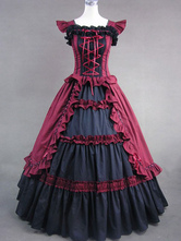 Victorian Dress Costume Women's Dark Red Cotton Ruffle Short Sleeves Ball Gown Retro Victorian era clothing Halloween
