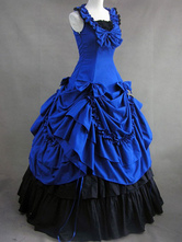 Traje do Vintage Victorian azul Royal algodão retrô Maxi vestido plissado do mulheres Halloween