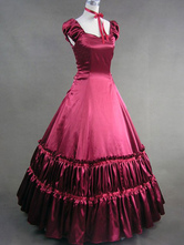 Traje do Vintage Victorian vermelho cetim plissado retrô Maxi vestido do mulheres Halloween