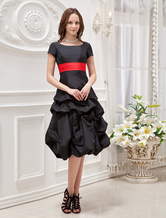 Gorgeous Short Sleeves Sash Ruched Knee Length Satin Prom Dress