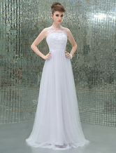 A-line Jewel Neck Floor-Length White Tulle Dress with Beautiful Embroidery wedding guest dress