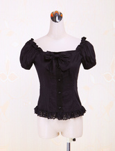 Lolitashow Blusa negra de lolita de algodón de manga corta