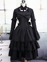Karneval Gotisches Lolita Kleid aus Baumwolle mit langen Ärmeln und 3 stufigen Rüschen