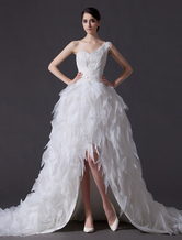 Ivory A-line One-Shoulder Flower Feather Wedding Gown with Sweetheart Neck 