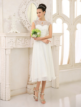 Платье венчания цвета слоновой кости простое вышитое бисером шифоновое платье длины чая пляжа свадебное