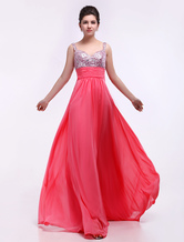 Candy Pink Sequnied Chiffon Prom Dress With Sweetheart Neck  