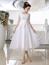 Lace Wedding Dress Illusion Half Sleeve Tea Length Bridal Dress Free Customization