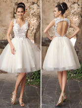 Ivory Short Bridal Dress Backless Lace Sweetheart Neckline Tulle Sequins Wedding Dress Free Customization