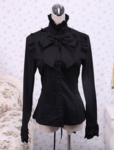 Blusa de Algodão preto Lolita mangas compridas Stand gola babados arco