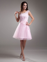 Homecoming rosa vestido um ombro renda tule vestido Vestidos de Convidados para Casamento