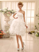 Ivory Wedding Dress Knee-Length One-Shoulder Flowers Feathers Wedding Gown Milanoo