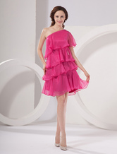 ホットピンク　ホームカミングドレス　ワンショルダー　Aライン　シフォン　レイヤード　プロムドレス