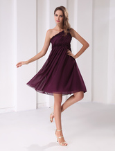 Grape Cocktail Dress Knee-Length One-Shoulder Ruffles Chiffon Dress