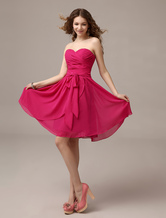 Hot Pink Bridesmaid Dress Ruched Chiffon A-line Knee-Length Wedding Party Dress