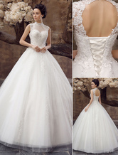 Princess Ball Gown Wedding Dress Lace Up High Collar Sequins Floor Length Bridal Dress Free Customization
