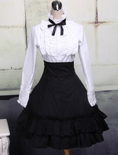Cotton White Lolita Blouse Long Sleeves and Black Lolita Skirt Outfits