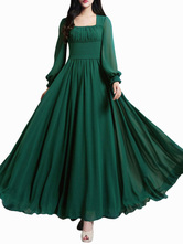 Beautiful Dark Green Square Neck Pleated Chiffon Maxi Dress for Woman ...