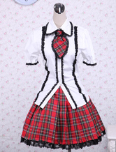 Cotton White Puff Short Sleeves Lolita Blouse And Checkered Classic Lolita Skirt