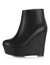Attractive Black Zipper Round Toe Cowhide Woman's Wedge Ankle Boots ...