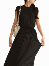Elegant Black Pleated Sleeveless Silk Like Women's Maxi Dress - Milanoo.com