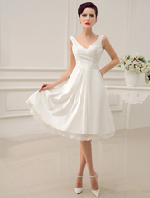 Simple Wedding Dress 2024 Ivory Tea Length Backless Pleated Satin Lace Up Bridal Dress Free Customization