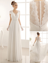 A-Line Wedding Dress Chiffon Sash Lace Beaded V-Neckline Short Sleeve Bridal Dress Free Customization