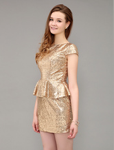 Short Golden Sequined Jewel Neck Peplum Cocktail Dress