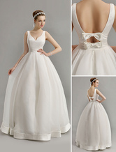 Brautkleider Vintage Organza A-Linie- V-Ausschnitt Hochzeitskleid Vintage Elfenbeinfarbe bodenlang natürliche Taillenlinie ärmellos trägerlos
