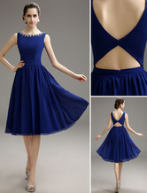 Blue Prom Dress 2024 Short Chiffon Beaded Cocktail Dress Royal Blue Knee Length Party Dress Milanoo