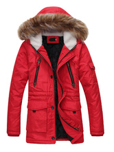 Men Parka Coat Red Winter Coat Hooded Long Sleeve Quilted Coat ...