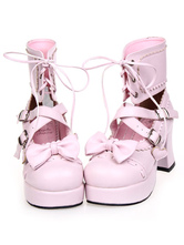 Lace-Up Bow Pink Leather Platform Round Toe Lolita Shoes 