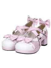 Sweet Square Heels Lolita Shoes Bow Decor White Trim Round Toe