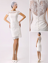 Short Simple Wedding Dress Lace Illusion Short Sleeve Sheath Reception Dress For Bride Free Customization