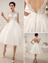 Kurze2024Günstiges Brautkleider Vintage 1950 Brautkleid Backless Spitze Perlen Plissee Pailletten Illusion Hochzeitsempfang Kleid mit Milanoo