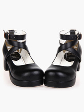Zapatos Lolita Negros Tacones Gruesos Tirantes de Tobillo Lazo