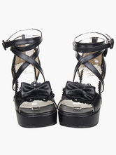 Lolitashow Black Lolita Sandals Chunky Heels Platform Ankle Straps Bow