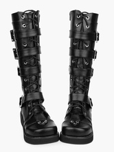 Chaussures Lolita Bottes de mode haut talon compensé plateforme en Synthétique noires avec boucles et sangles Déguisements Halloween
