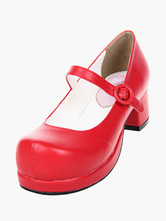 Lolitashow Süße Breiter Absatz Lolita Schuhe quadratische Fersen Plattform-runde Zeh in Rot 