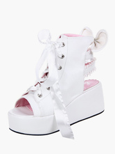 Lolitashow Bianco 1 1 / 5  '' Wedge Heel Platform Sandals Bow PU Lolita Bandage