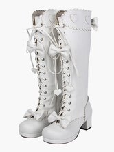 Lolitashow Chaussures Lolita Bottes à talon trapu en PU blanches avec bande et nœud de papillon