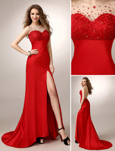 Red Prom Dresses 2024 Long Mermaid Backless Evening Dress Rhinestone Illusion High Split Satin Party Dress With Train