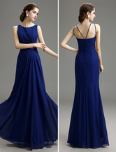 Blue Prom Dress 2024 Long Chiffon Mermaid Evening Dress Royal Blue Bateau Neck Pleated Party Dress Wedding Guest Dress Free Customization