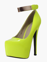 Metallic Yellow Stiletto Heel PU Leather Pointed Toe Velcro Woman's ...