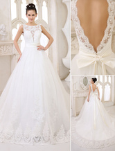 Wedding Dresses Ivory Backless Bridal Gown Lace Applique Ribbon Sash Illusion Chapel Train Wedding Gown Milanoo